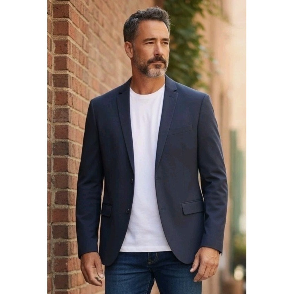 H&M Men Slim-Fit Navy Blue Single-Breasted Two-Button Blazer Jacket Preppy SZ M